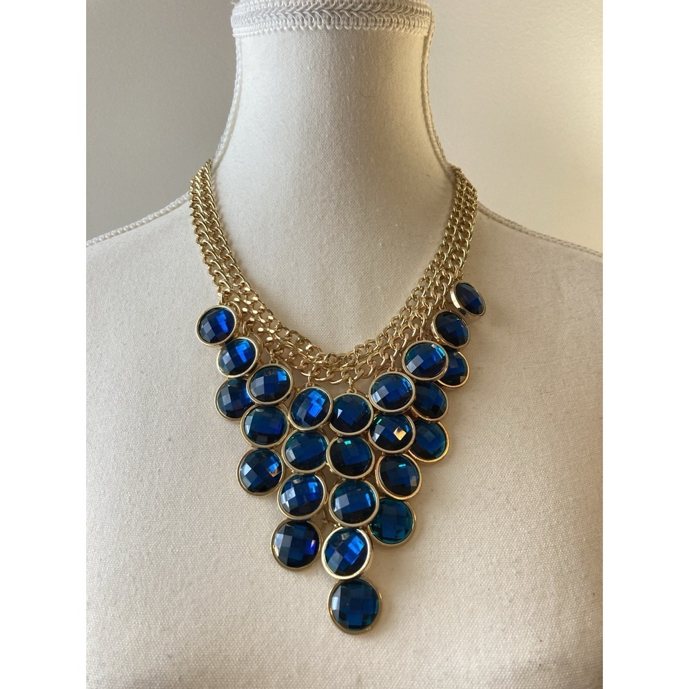 Blue Faceted Bib Necklace Gold Tone Statement Cascading Teardrop Baublette